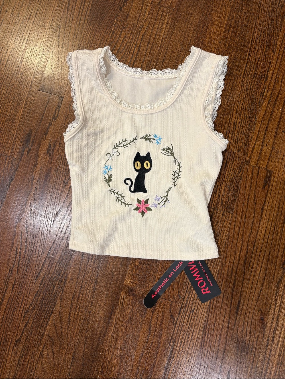 ROMWE White Ribbed Tank with Black Brand Tag